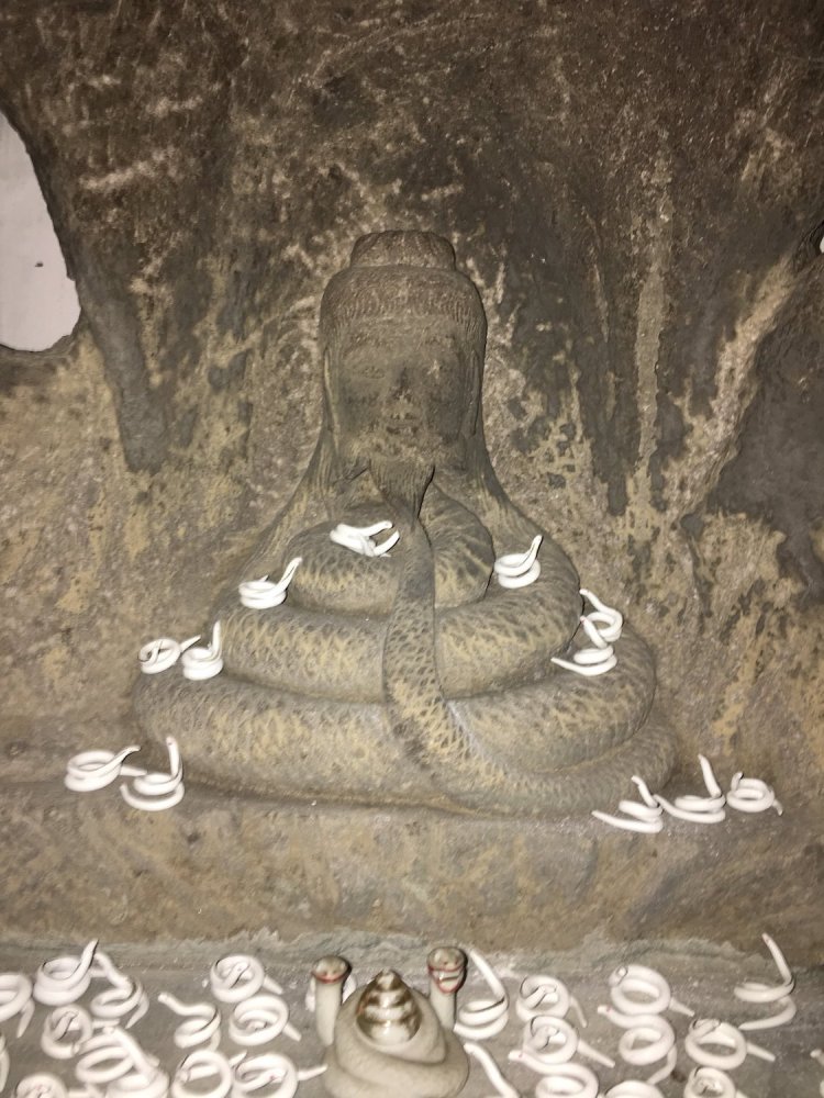 暗がりに突如現れる宇賀神像。