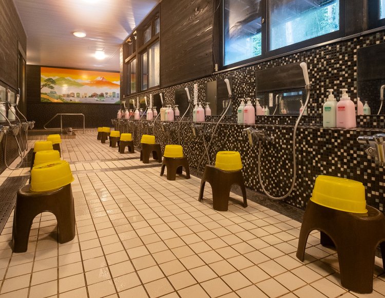 壁面に銭湯風のペンキ絵が描かれている和の湯内風呂。