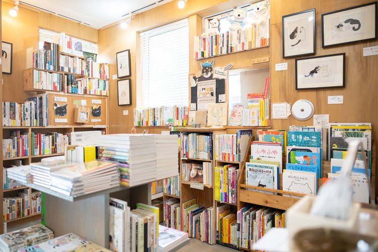 手前の売り場。雑誌、絵本、コミックを中心に配架。猫たちの仕事場は奥の部屋だ。
