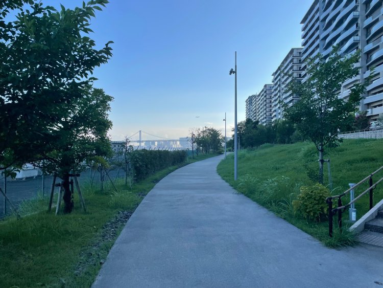 緑道の奥にレインボーブリッジが見える。