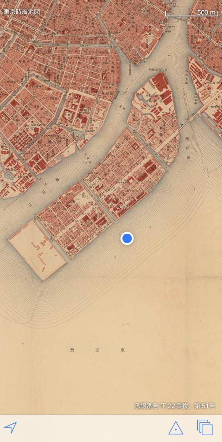 海の上で休憩していた。「東京時層地図」関東地震直前 （大正5-10年）（1916-1921年）（日本地図センター）。