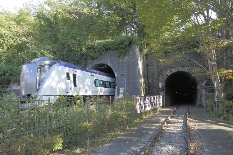 疾風の如くE353系特急あずさ号が新大日影トンネルから現れた。隣の大日影トンネルは静まり返り、静と動、現役と旧トンネルの対比が見られる。