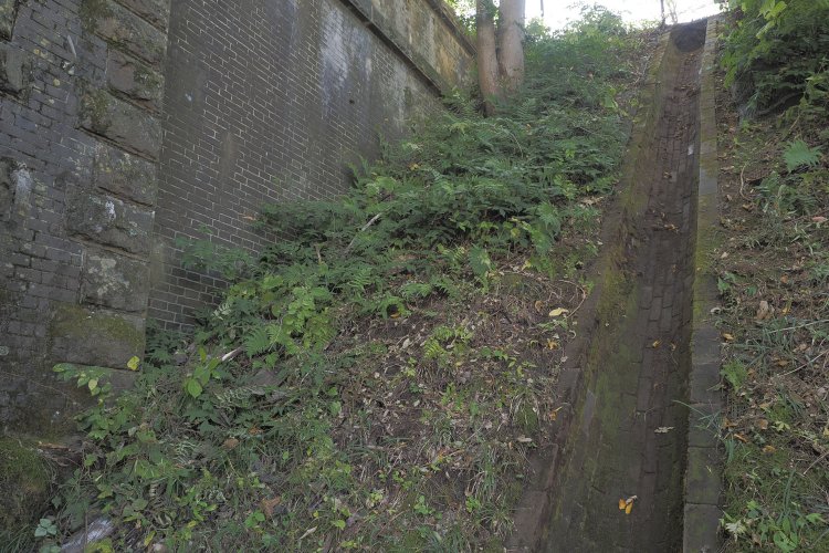 トンネル坑門の法面（のりめん）にはレンガで造られた排水溝が残っていた。これもトンネル建設時のもの。