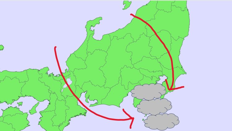 中部山岳を回り込んだ北東風と、若狭湾から吹き抜ける北西風がぶつかり、雲が発生する（画像＝ウェザーマップ）。