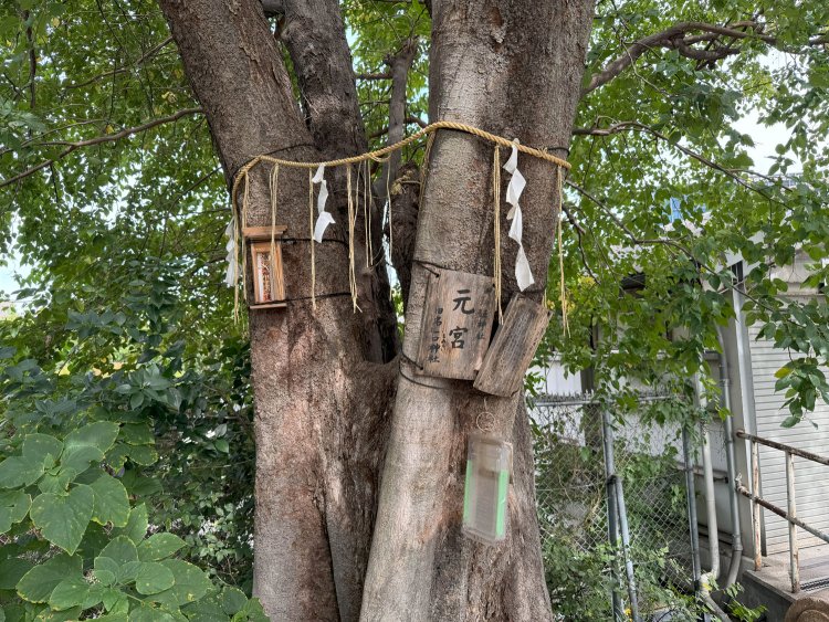 「元宮」。太田姫稲荷神社は総武線の開通工事で現在の場所に移転したため、線路ぎわにもともとあった場所が示されている。