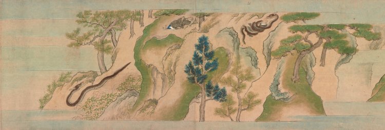 重要文化財 清水寺縁起絵巻 巻下土佐光信筆 室町時代・永正14年（1517）。突如大蛇に巻き付かれてしまったお坊さん。清水寺に仁王像を安置すると誓うと大蛇は去り、窮地を逃れたとされる。