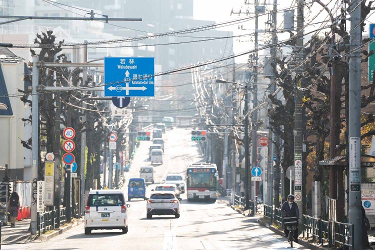 淡島交差点は淡島通りが北沢川と交差する地点でもあり、谷底になっている。