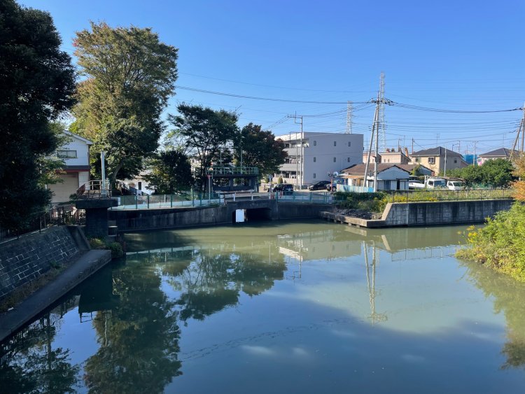 中央に見えるのが小溜井（こためい）引入水門 、右側から葛西用水が合流する。