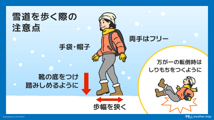 雪道を歩く時は慎重に。雪に慣れていない首都圏では、路面凍結による転倒事故が多い（出典＝ウェザーマップ）。