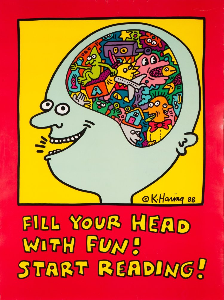 楽しさで頭をいっぱいにしよう！本を読もう！ 1988年 中村キース・ヘリング美術館蔵 Keith Haring Artwork ©Keith Haring Foundation。