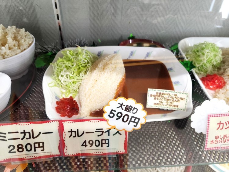 カレーライス490円。味噌汁付き。ルウに溶け込んだ具とは別に、後のせの揚げナスがトッピングされる。