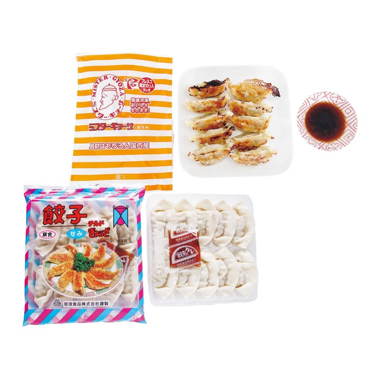 意外なことに京都は餃子の名産地。人気餃子店製の『フレスコ』限定品「ミスター・ギョーザの冷凍生餃子」10個入り（上）、関西の大定番おかず、珉珉（みんみん）食品の「せみ餃子」10個入り。