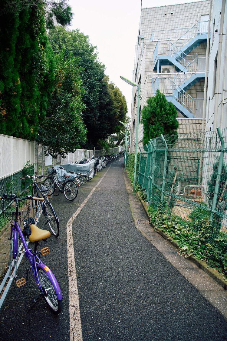 〈F〉井の頭線を挟んで南北に延びる駐輪場。細長い川跡の使い道としては素晴らしいアイデア。