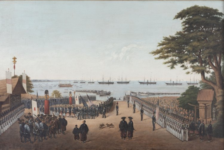 ペーター・ベルンハルト・ヴィルヘルム・ハイネ（伝）《ペルリ提督横浜上陸の図》1854年以降 油彩、カンヴァス 53.3×80.5cm 『横浜美術館』蔵（原範行氏・原會津子氏寄贈）