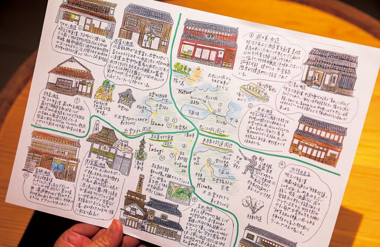 部屋に用意された島根の酒蔵のイラストマップで、酒蔵への興味が増す。