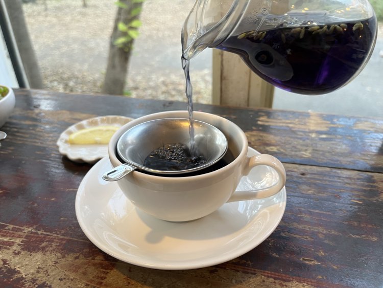 ポット提供のハーブティーはカップ2杯分楽しめる。