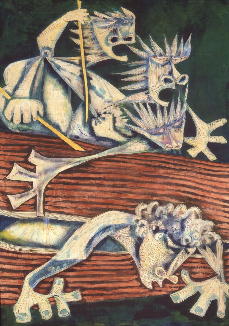 芥川（間所）紗織《大木にハサマレタ若い神》1956年 染色・布 『世田谷美術館』蔵。