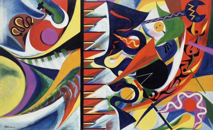 岡本太郎《建設》1956年 油彩・カンヴァス 『川崎市岡本太郎美術館』蔵。