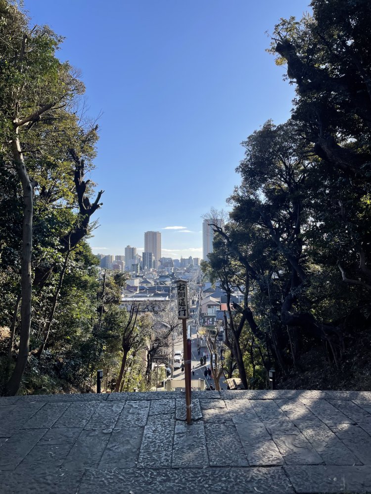 階段を上って振り返ると市川市中心部が見える。