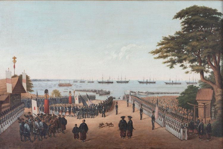 ペーター・ベルンハルト・ヴィルヘルム・ハイネ（伝）《ペルリ提督横浜上陸の図》1854年以降　油彩、カンヴァス　53.3 × 80.5cm　横浜美術館蔵（原範行氏・原會津子氏寄贈）。