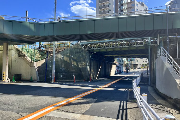 北側から見たところ。手前に歩道橋がある。