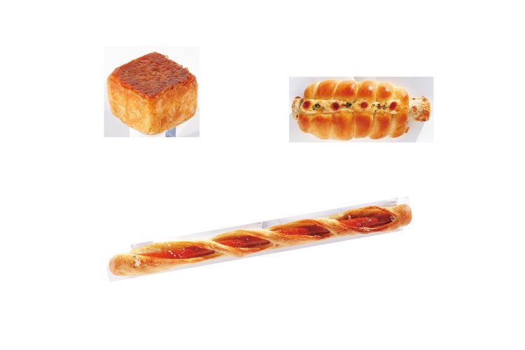 クロワッサンバターケーキ175円（左）、ちくわロール200円（右）、和風豚棒270円（下）。