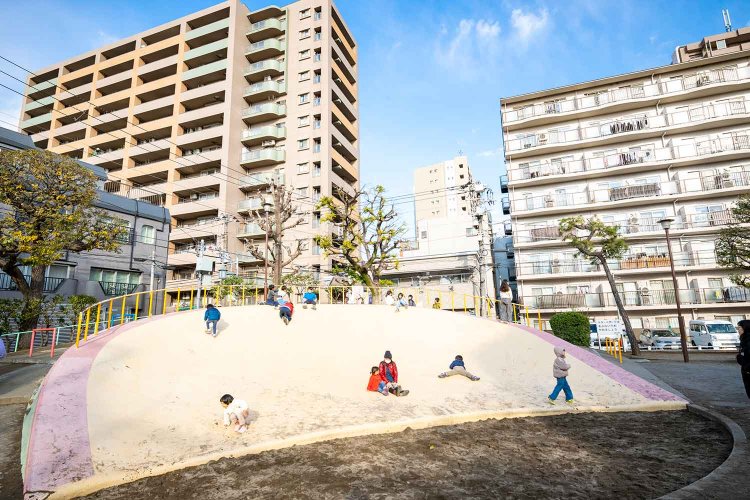 大きな山のような遊具が子供に人気の亀有公園。両さん像もいる。