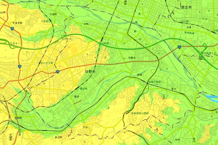 地理院地図（国土地理院）より、電子国土基本図（一部、小縮尺地図[20万分1]の情報を含む。ズームレベル12～14）を加工して作成。ざっくり黄色が標高の100m以上のところ、緑色が100mより低いところ。