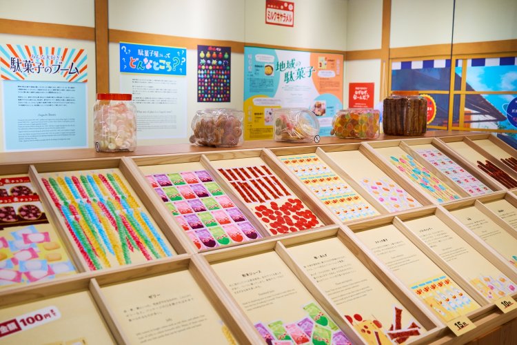 愛らしい駄菓子のイラストとその駄菓子について解説された棚が並ぶ。
