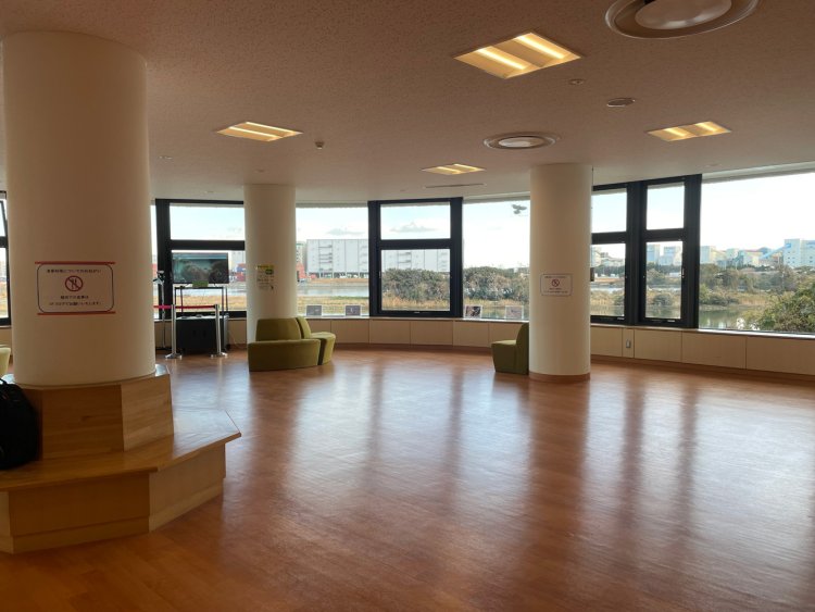 観察ロビー。窓の全面から潮入りの池が見える。