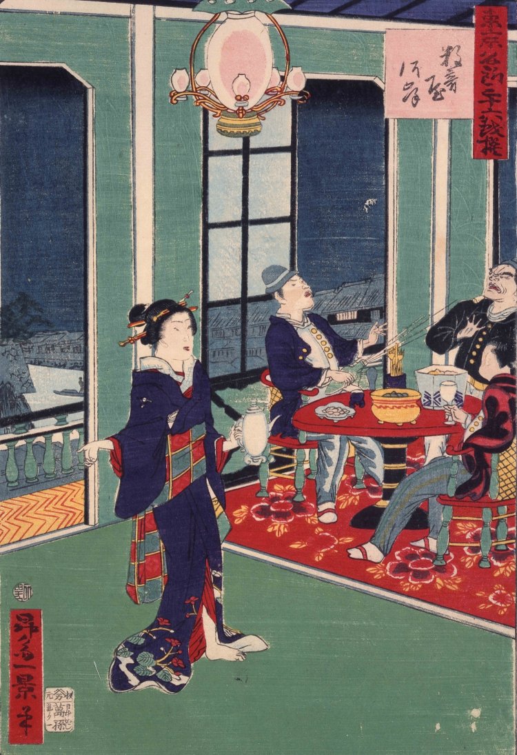 東京名所三十六戯撰数寄屋河岸 昇斎一景／画 1872年（明治5）展示期間：3月20日～4月20日、5月20日～6月15日。