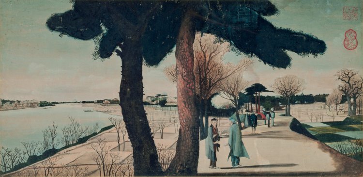 亜欧堂田善《墨堤観桜図》（前期・後期）。