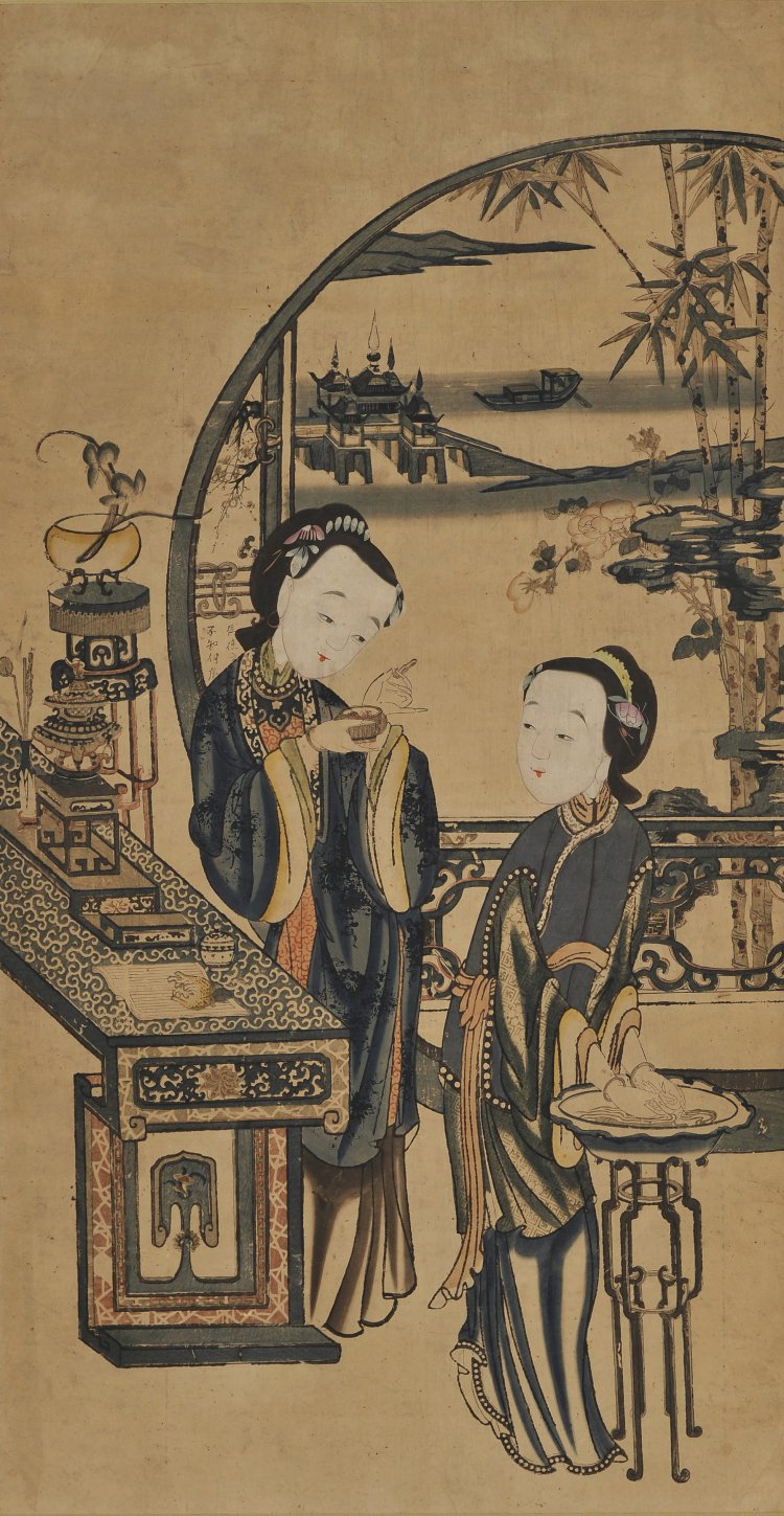《円窓の二美人》清時代（18世紀頃） 木版手彩色［後期］。