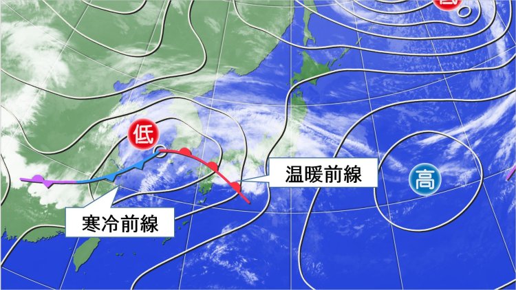 図2：低気圧からのびる温暖前線と寒冷前線。前線の特徴を知って雨に備えたい（画像＝ウェザーマップ）。