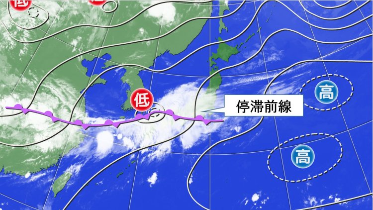 図3：梅雨をもたらす梅雨前線は、春の空気と夏の空気の境目に発生する（画像＝ウェザーマップ）。