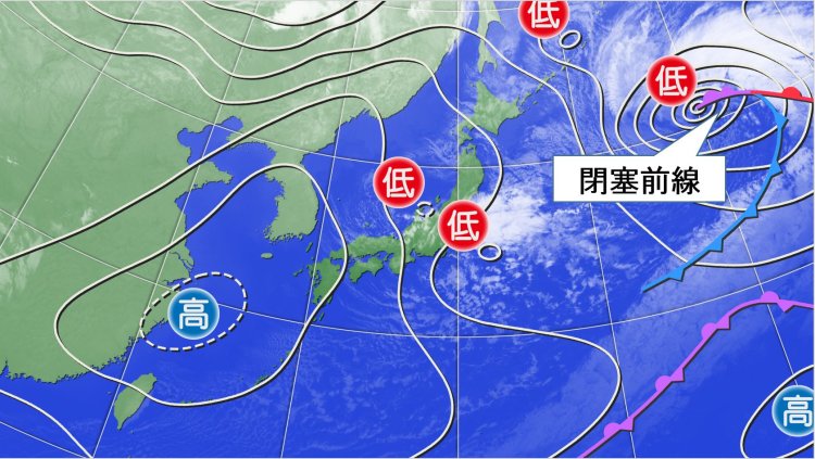 図4：閉塞前線は低気圧が発達のピークに達したサイン（画像＝ウェザーマップ）。