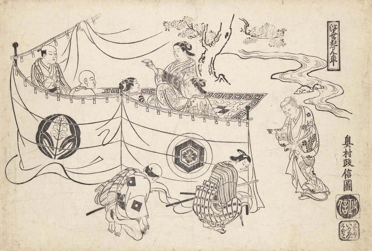 墨摺絵／奥村政信  「浮世花見車」正徳期（1711～16）頃　太田記念美術館蔵。
