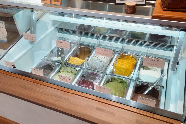 レジカウンターの横にあるジェラートとソルベのショーケース。見ているとどれも食べたくなってくる。