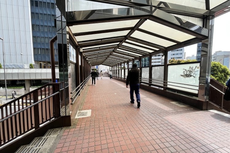 実際に歩いてみると、歩道橋というよりはデッキ感が強め。