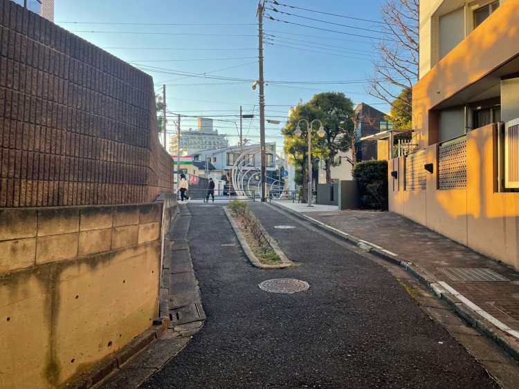 池上通りから線路の方に下りていく細い道。先ほどたどってきた水路の続きと思われる。