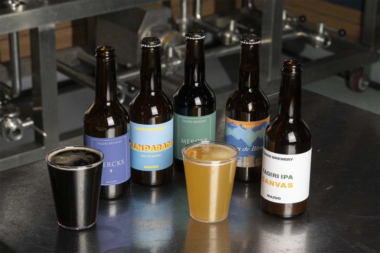 現在、醸造するビールは5種。スタイルは右から、ヘイジーIPA、セゾン、ブラウンエール（緑）、ゴーゼ、ブラウンエール（青）。650～750円。