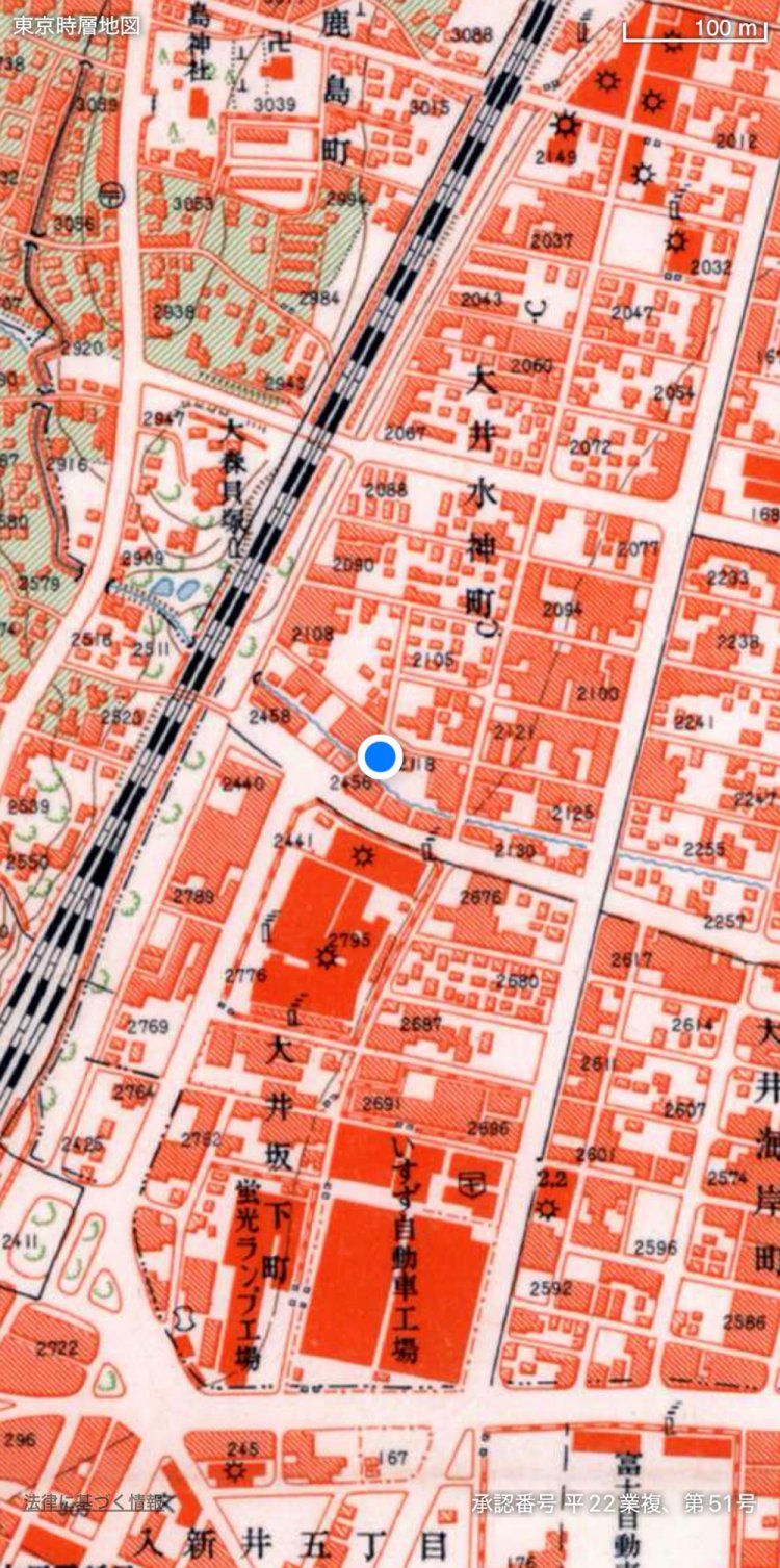 「東京時層地図」（日本地図センター）より、「高度成長前夜（昭和30-35年）（1955-1960年）」の大井周辺。