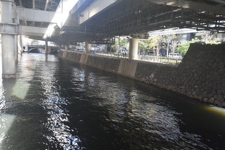日本橋川に残る江戸期の石垣。手前の高くなっている部分が一橋門の石垣跡。