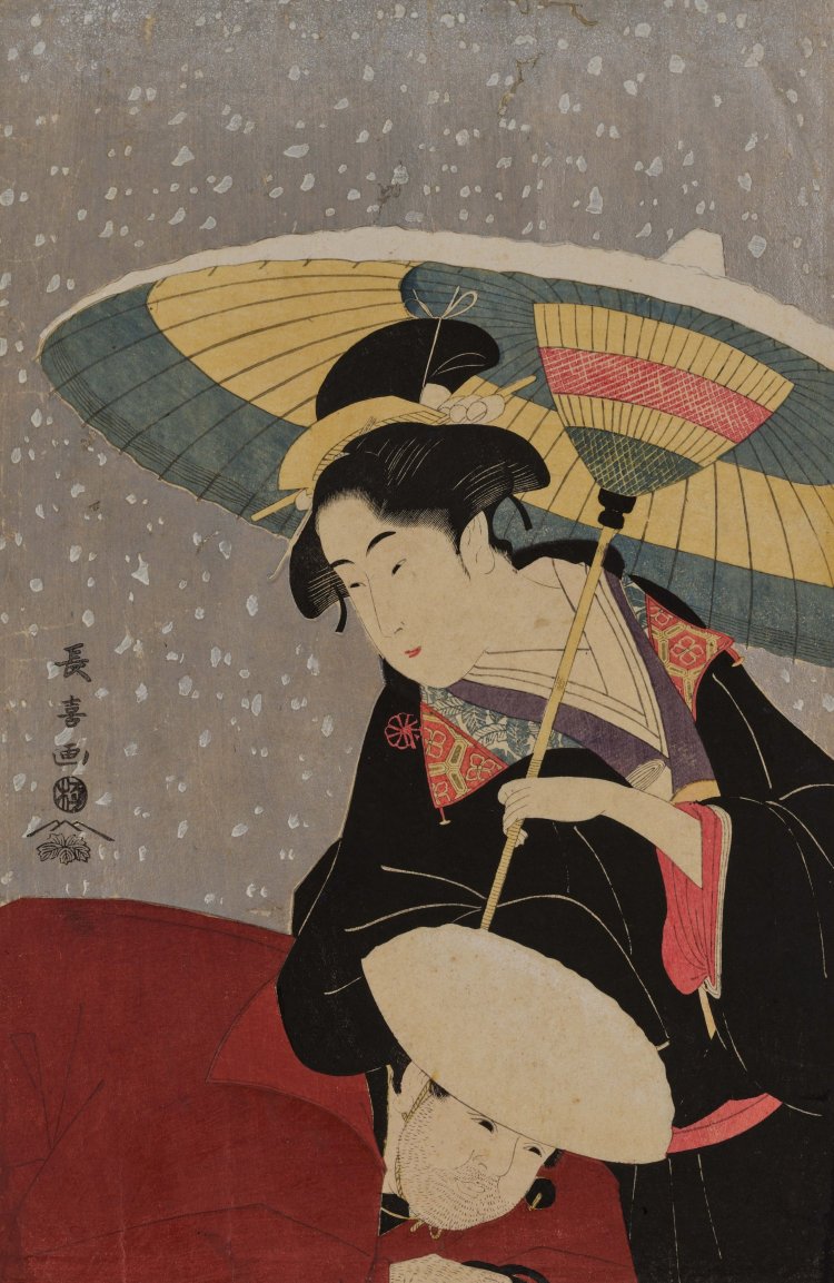 栄松斎長喜筆「四季美人　雪中美人と下男」大判錦絵 寛政4～6年（1792～94）頃 『東京国立博物館』蔵 前期展示4/22～5/18。