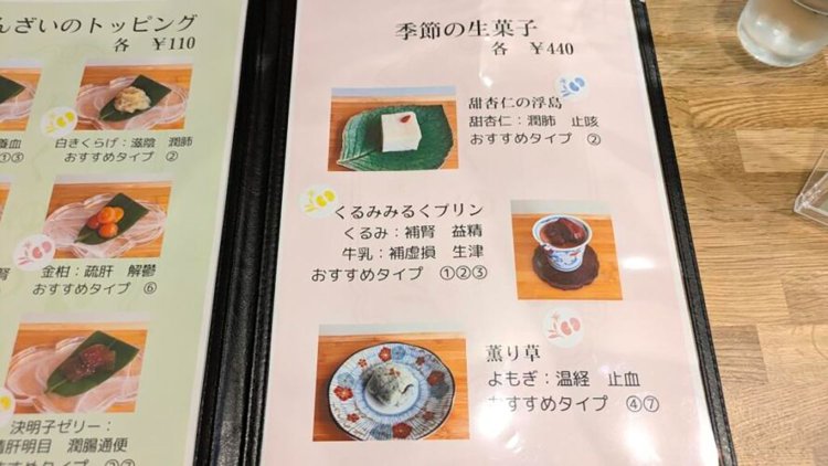 『薬膳甘味処 りくゆう』の生菓子メニュー。