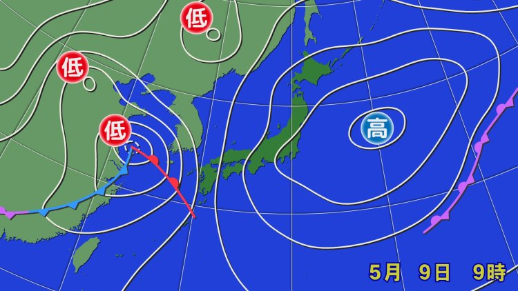 高気圧が東へ「移動」し、低気圧が日本付近に「進んで」きた。この日は関東も夜から雨が降り出した（画像＝ウェザーマップ）。