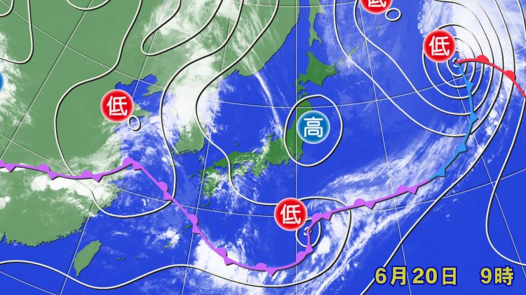 2023年6月20日の天気図。梅雨前線が南海上へ下がり、多くの地域で「梅雨の晴れ間」＝「五月晴れ」となった（画像＝ウェザーマップ）。