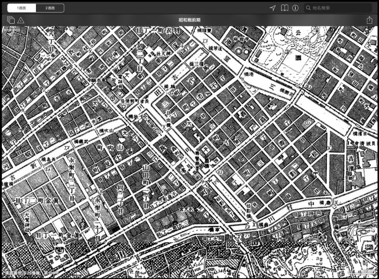 地図左上の吉田川と右下の中村川の間に日ノ出川が流れている。こちらの画面は「東京時層地図 for iPad」（日本地図センター）より昭和戦前期（昭和3-14年）（1928-1939年）のもの。