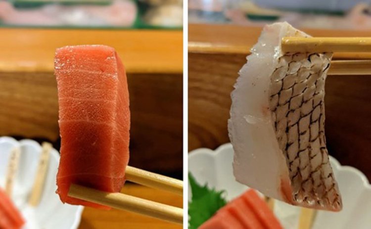 本マグロ（左）と湯霜づくりのチダイ。