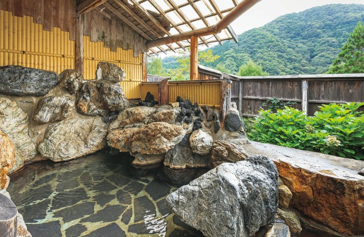 貸切風呂「金精の湯」（フロントで要予約、無料）。ほかに貸切風呂「子宝の湯」、大露天風呂「藤の花房」、男女別浴場がある。